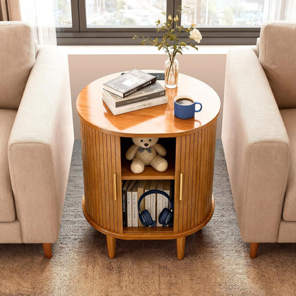 Mid Century Modern Nightstand with Charging Station, Fluted Accent Side Table with Sliding Door & Adjustable Shelf, End Table for Small Space, Living Room, Bedroom,Sofa Couch(1, Yellow)