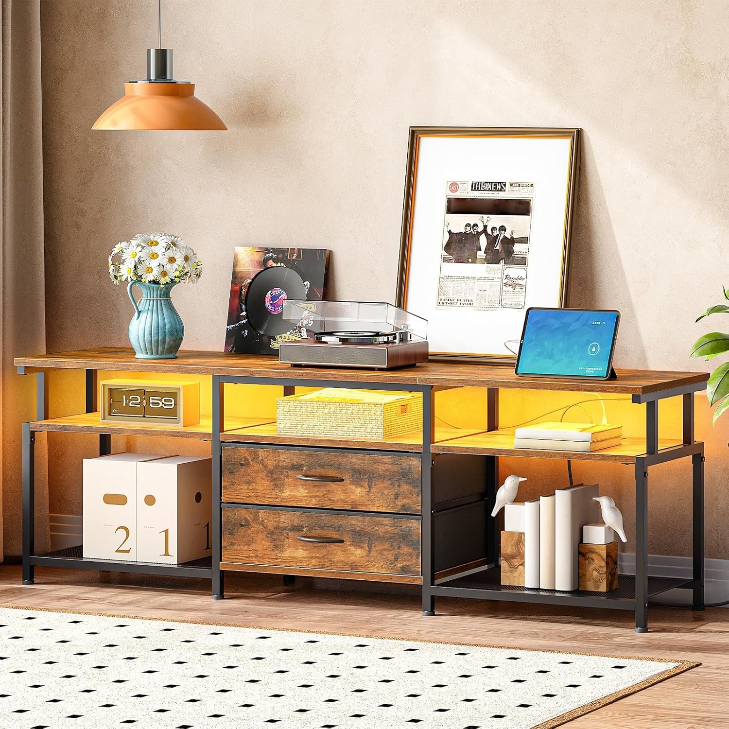 TV Stand with Power Outlet and LED Light, Entertainment Center for Tvs up to 75 Inch, Modern Media Console Table with 2 Non-Woven Drawers, for Living Room, Bedroom, Rustic Brown BF55UDDS01