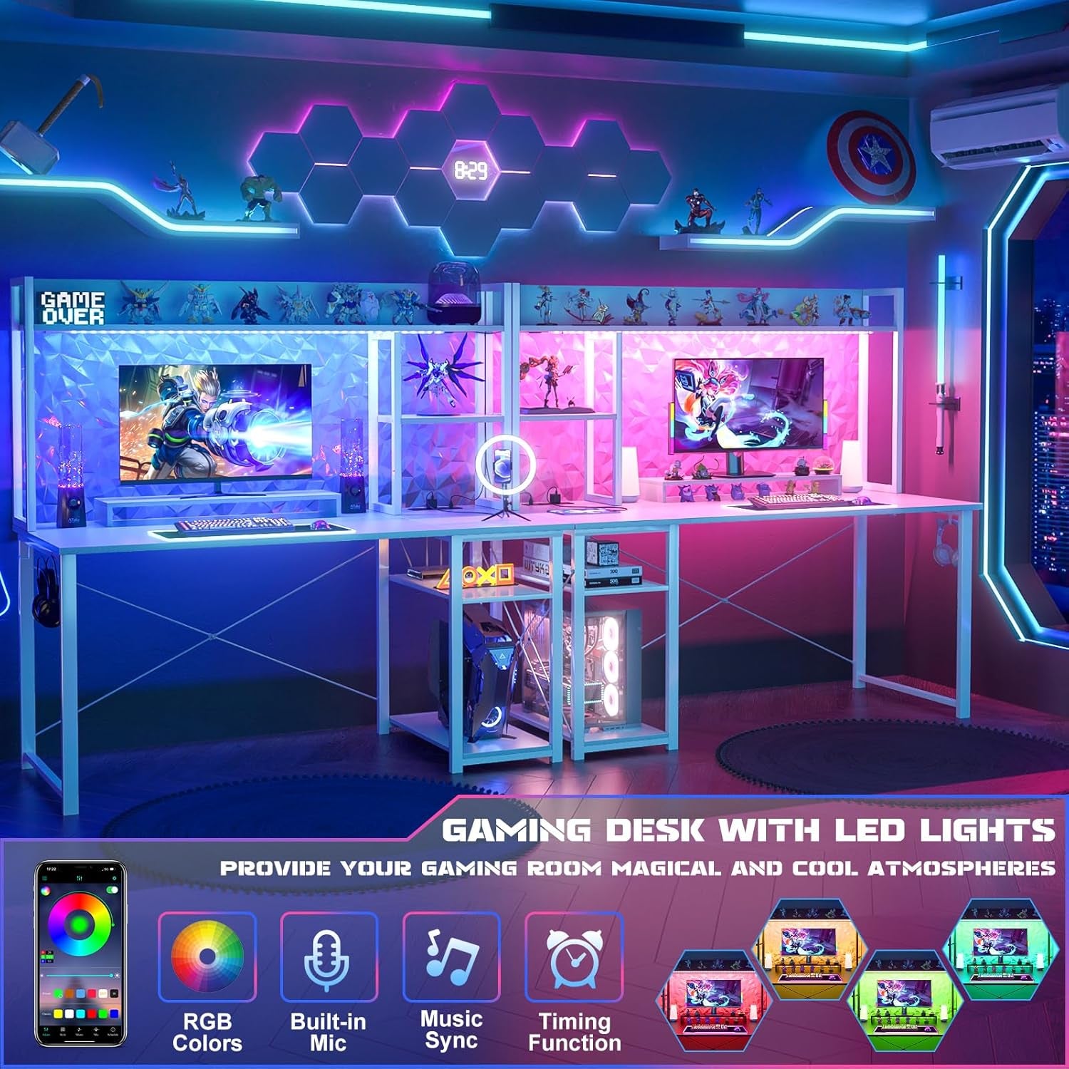 Gaming Desk with Hutch, 47'' Computer Desk with LED Lights & Power Outlets, Home Office Desk with Reversible 5 Tiers Storage Shelves & Monitor Stand, Small Gaming Table for Small Space, White