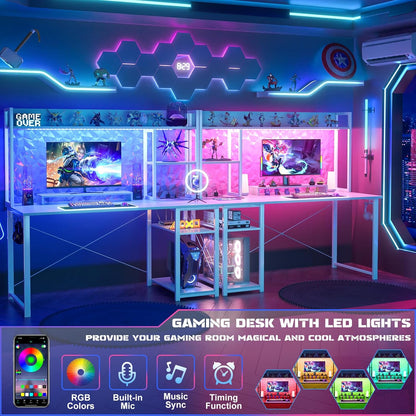 Gaming Desk with Hutch, 47'' Computer Desk with LED Lights & Power Outlets, Home Office Desk with Reversible 5 Tiers Storage Shelves & Monitor Stand, Small Gaming Table for Small Space, White