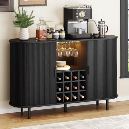55" Wine Bar Cabinet with LED Light,Modern Liquor Whiskey Coffee Station with Wine Rack and Glass Holder, Farmhouse Buffet Sideboard with Storage for Living Room, Kitchen, Entryway (Black)