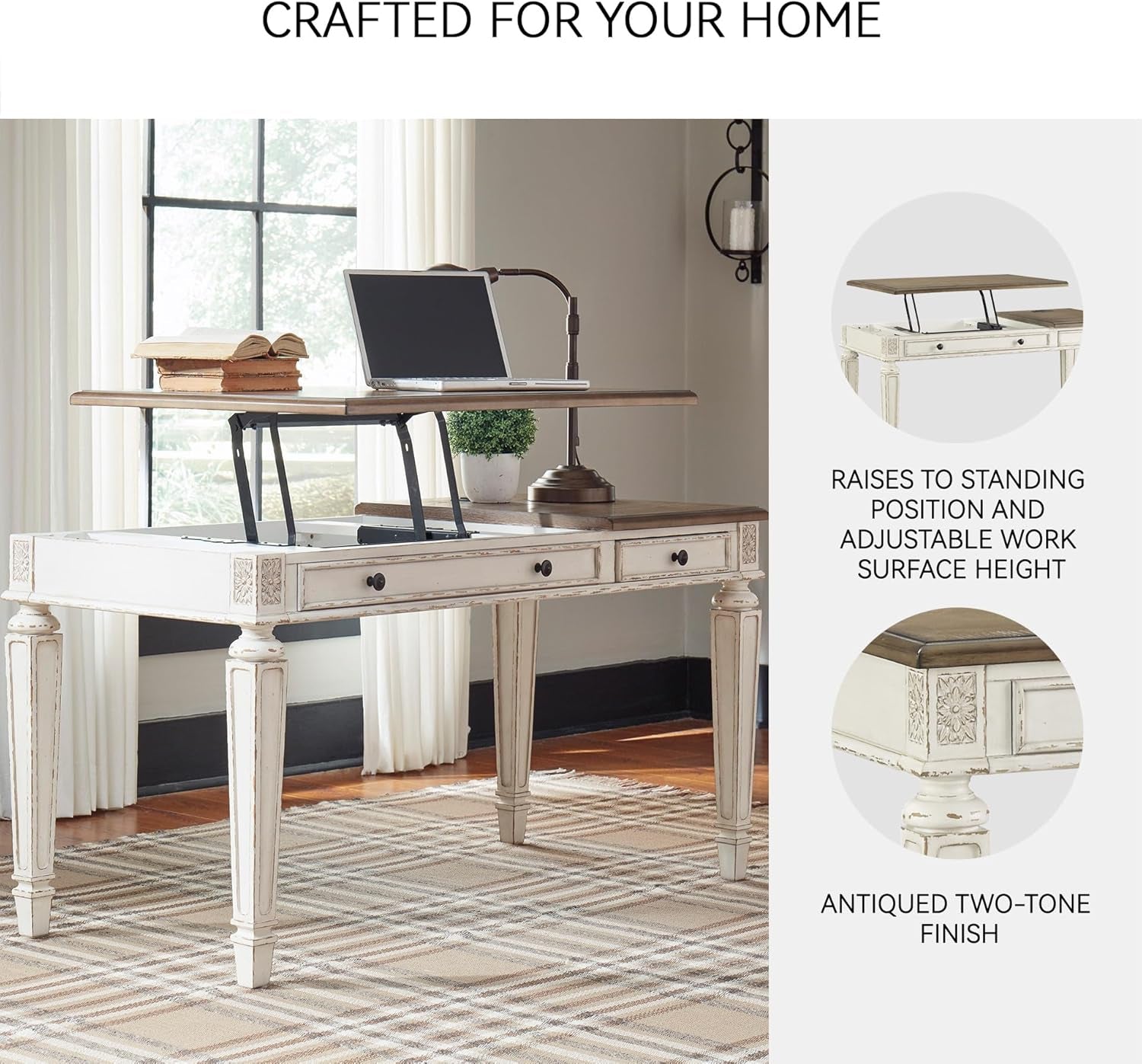 Realyn Home Office Lift Top Desk, USB Charging, Spring Lift Top, Smooth-Gliding Drawer, 60" W X 28" D X 31" H, Chipped White and Brown