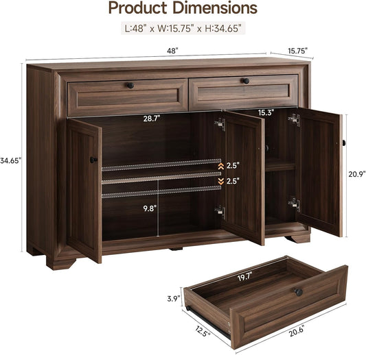 48 Inches Sideboard Buffet Cabinet with Storage, Farmhouse Sideboard with 2 Drawers and 3 Doors, Wood Coffee Bar Cabinet with Adjustable Shelves for Living Room, Kitchen, Hallway, Brown