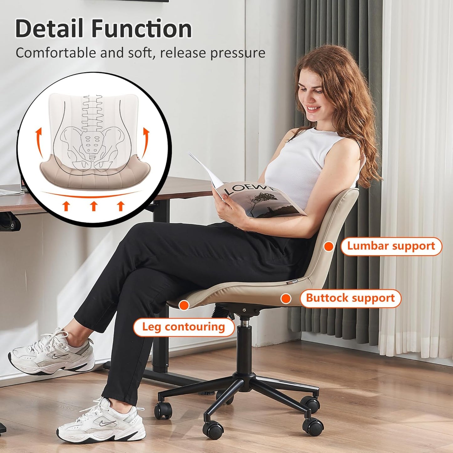 Khaki Leather Home Office Desk Chair with Wheels Modern Cute Armless Executive Swivel Vanity Chair with Comfy Padded Back Ergonomic Rolling Adjustable Computer Task Chair Small