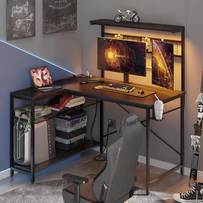 42 L Gaming Desk,Computer Desk with Power Outlets, LED Lights, Reversible Corner Desk with 4-Tier Shelves,Cup Holder & Hook Carbon Fiber Black