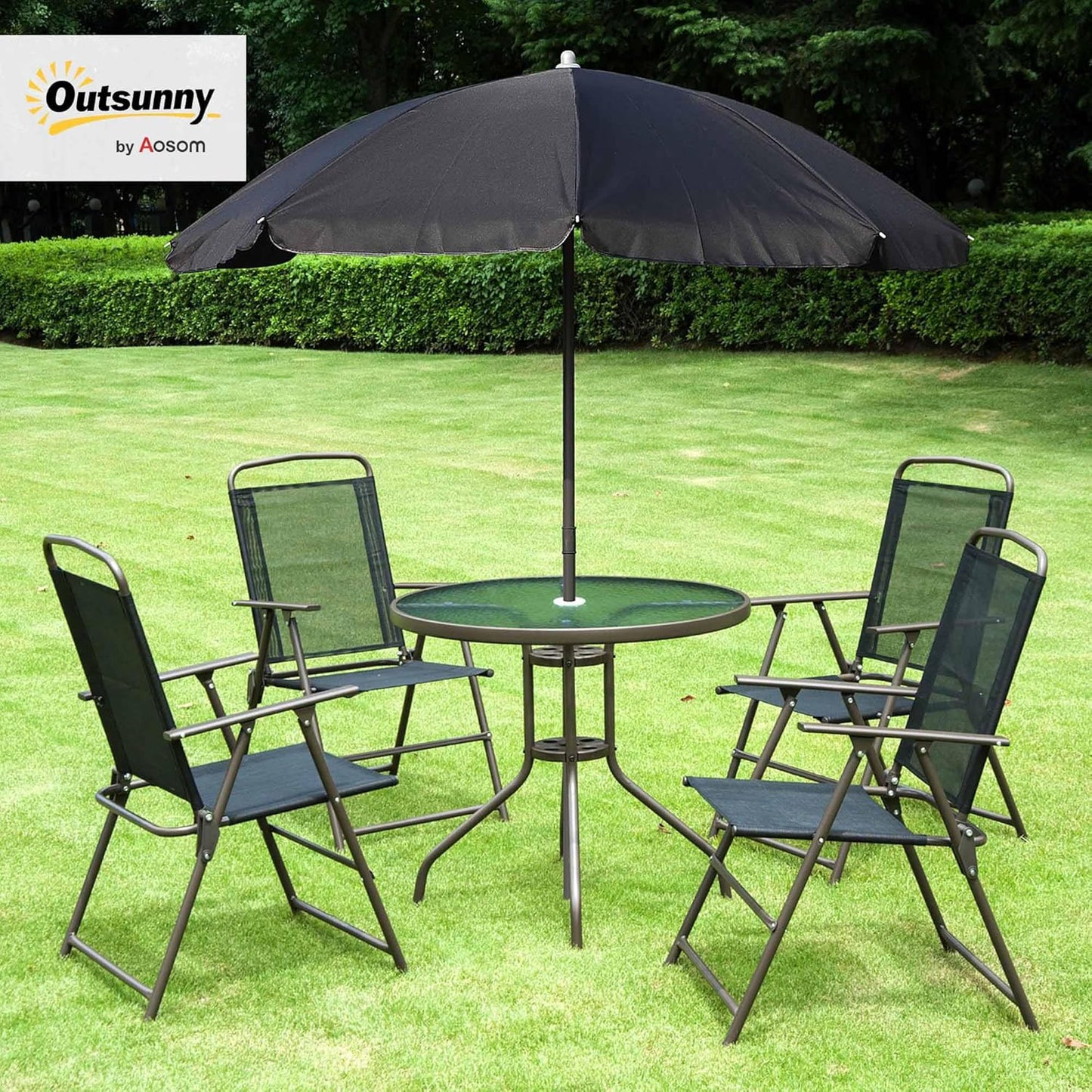 6 Piece Patio Dining Set for 4 with Umbrella, Outdoor Table and Chairs with 4 Folding Dining Chairs & round Glass Table for Garden, Backyard and Poolside, Black and Coffee