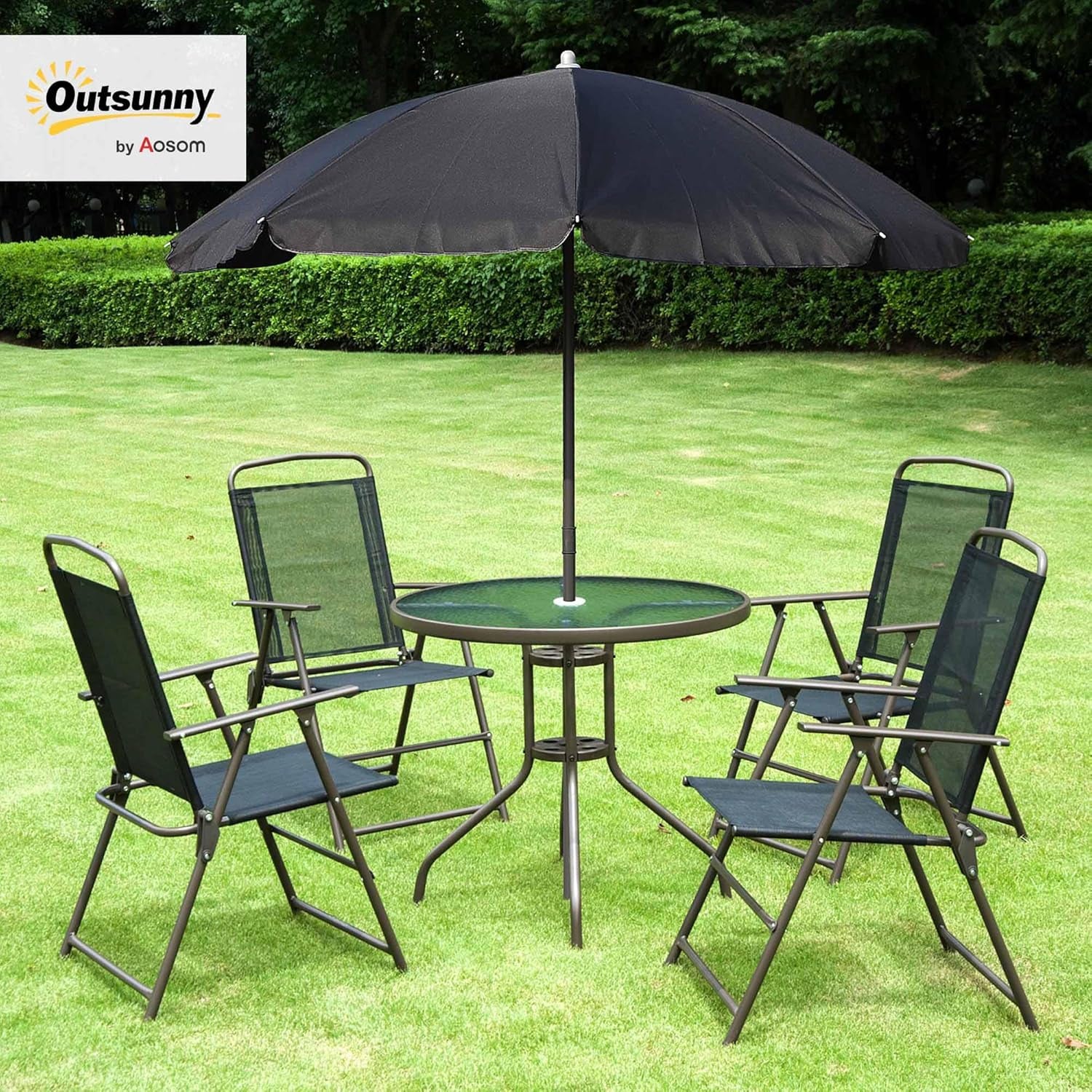 6 Piece Patio Dining Set for 4 with Umbrella, Outdoor Table and Chairs with 4 Folding Dining Chairs & round Glass Table for Garden, Backyard and Poolside, Black and Coffee