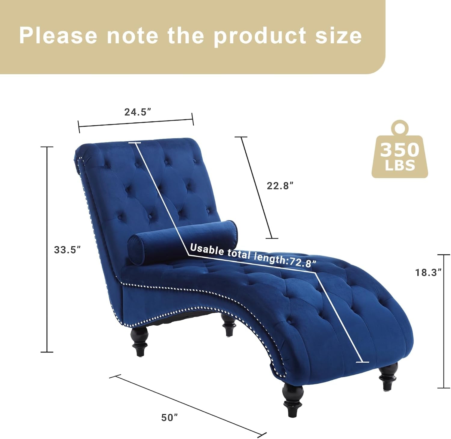 Velvet Chaise Lounge Indoor,Button-Tufted Upholstered Chaise Lounge Chair with Pillow for Bedroom Living Room Office Modern Backrest Leisure Recliner Sleep Sofa (Blue)