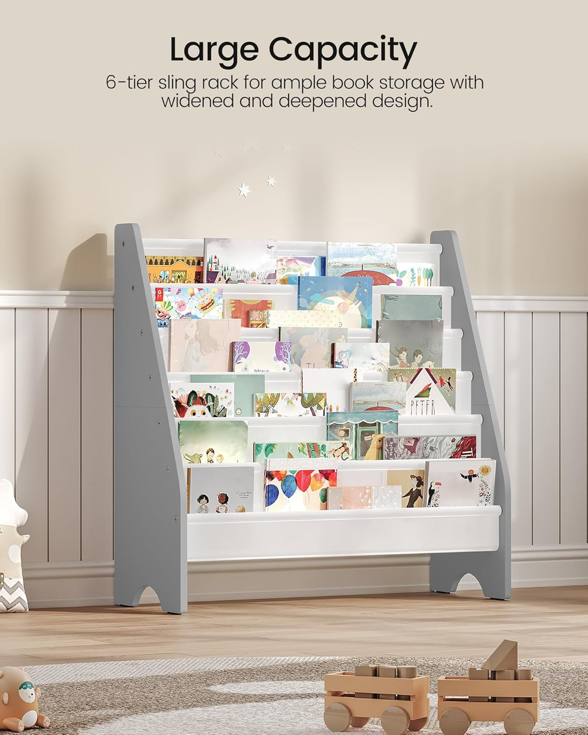 6-Tier Kids Bookshelf, Book Shelf for Kids Room, Sling Bookcase, Magazine and Book Storage Rack, Large Capacity Book Organizer for Nursery, Bedroom, Playroom, White and Gray MCW07WG