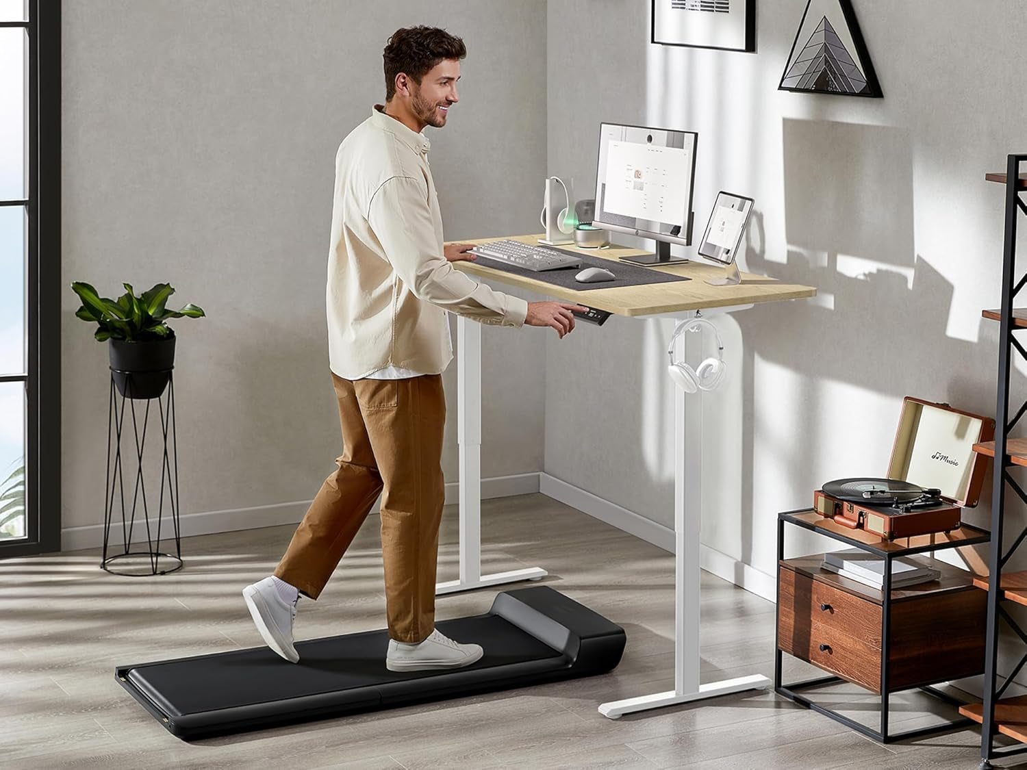 48X24 Inches Height Adjustable Electric Standing Desk with 2 Hooks for Home Office, Ergonomic Sit Stand up Desk with Splice Board, Oak
