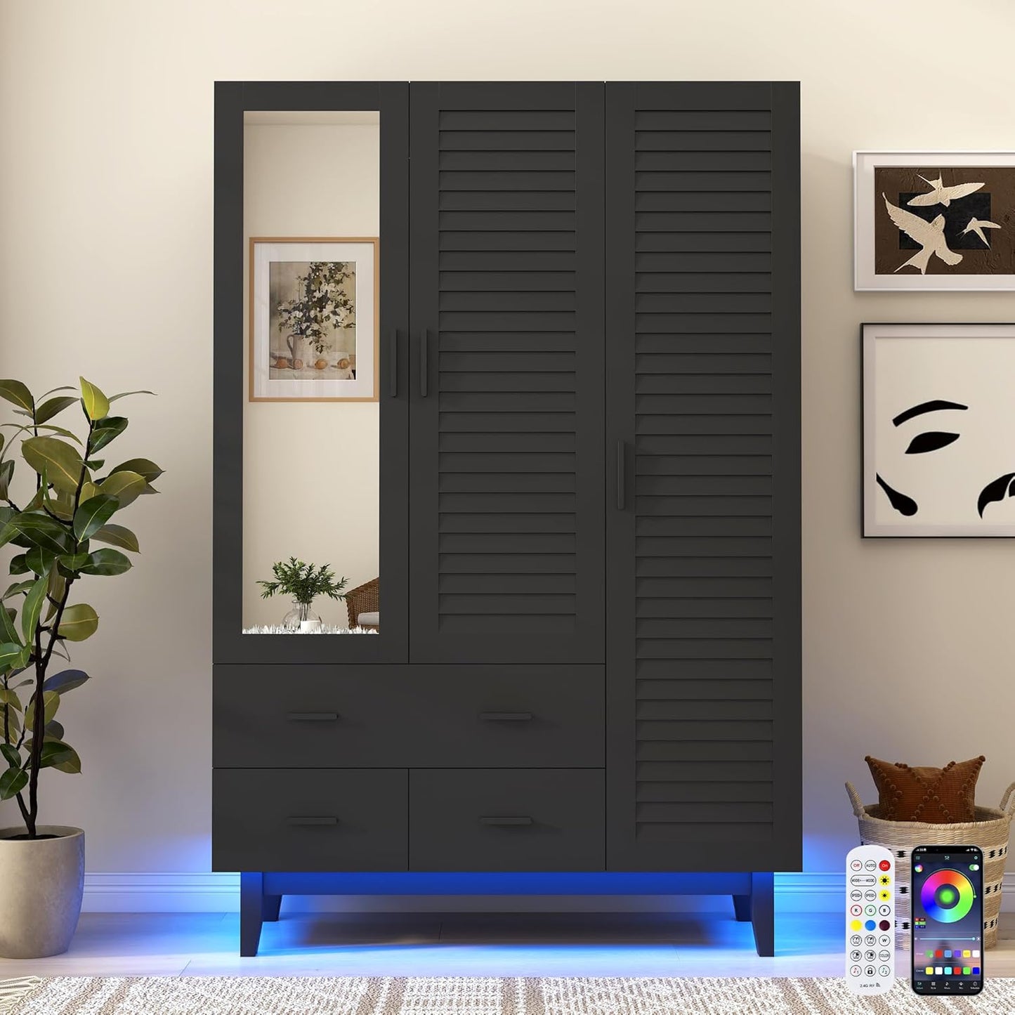3 Door Armoire Wardrobe Closet Cabinet with Drawers and LED Lights, Multi-Tier Shelves, Hanging Rod & 3 Louver Doors, Large Capacity Storage Wardrobe Armoire for Bedroom(3 Doors Black)