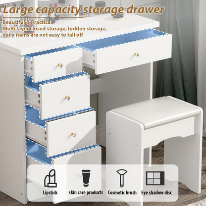 Vanity Set with Rectangular Mirror, Makeup Vanity Dressing Table with 5 Drawers, Shelves, Dresser Desk and Cushioned Stool Set (B White/Lighted Mirror)