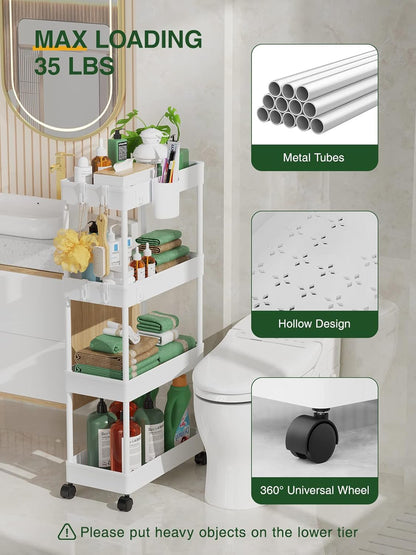 Slim Rolling Storage Cart - 4 Tiers Bathroom Organizer Utility Cart Slide Out Storage Shelves Mobile Shelving Unit for Kitchen, Bedroom, Office, Laundry Room, Small Narrow Spaces (7.1" W+White)