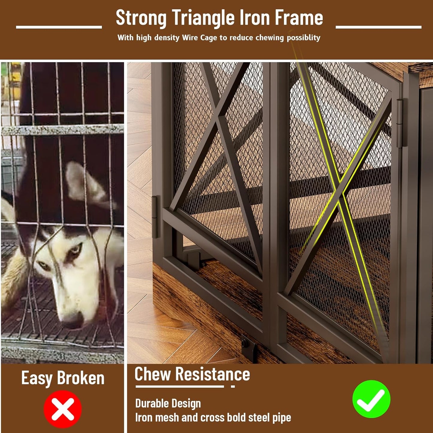 Dog Crate Furniture, 48 Inch Dog Crates for Medium/Large Dogs, Farmhouse Wood Dog Kennel Indoor Heavy Duty Dog Cage with Caster Wheels (Gray)