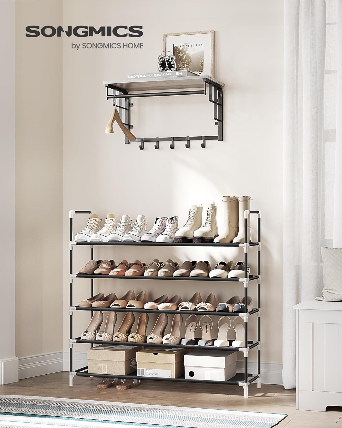 5-Tier Shoe Rack, Shoe Storage for Hallway Closet, Slim and Space-Saving, Metal Frame, Non-Woven Fabric Shelves, Black ULSH55H
