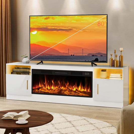 Fireplace Tv Stand with 36 Inch Fireplace up to 80" Tvs,Led Light Entertainment Center and Storage, 70" Modern Wood Media TV Console with Highlight Cabinet for Living Room (White)