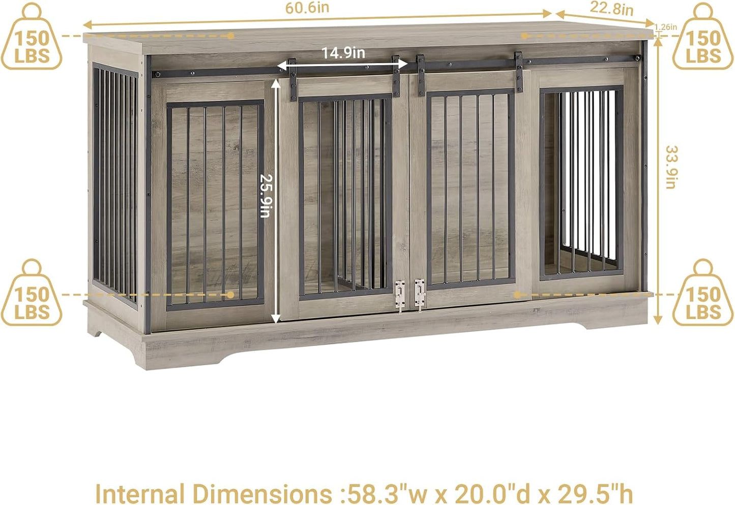 61 Double Dog Crate Furniture for 2 Dogs, Large Double Dog Kennel Furniture TV Stand, Furniture Style Dog Crates End Table, Wood Crates for Dogs Kennel Indoor Grey