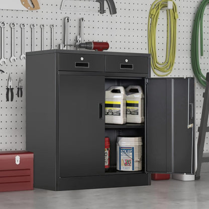 Metal Storage Cabinet, 36" H Locking Storage Cabinet with 2 Drawers and Adjustable Shelf, Metal Cabinets for Office, Garage, Home-Black