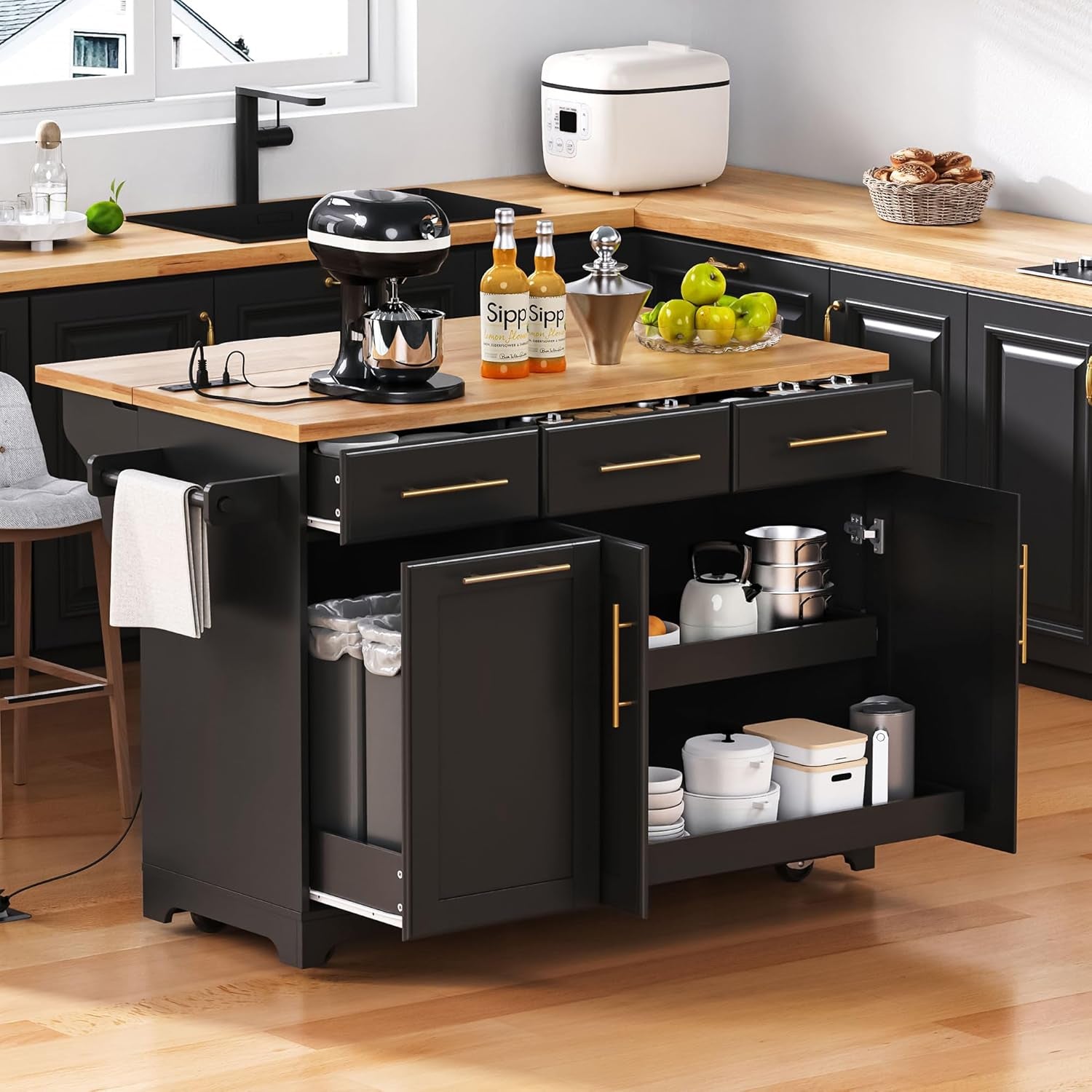 Rolling Kitchen Island with Drop Leaf & 2 Pull Out Cabinet Organizers,59.3" Stationary Kitchen Cart with Trash Can Storage,Power Outlet,Spice & Towel Rack,3 Drawers Island Table for Kitchen,Black