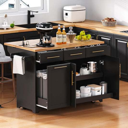 Rolling Kitchen Island with Drop Leaf & 2 Pull Out Cabinet Organizers,59.3" Stationary Kitchen Cart with Trash Can Storage,Power Outlet,Spice & Towel Rack,3 Drawers Island Table for Kitchen,Black