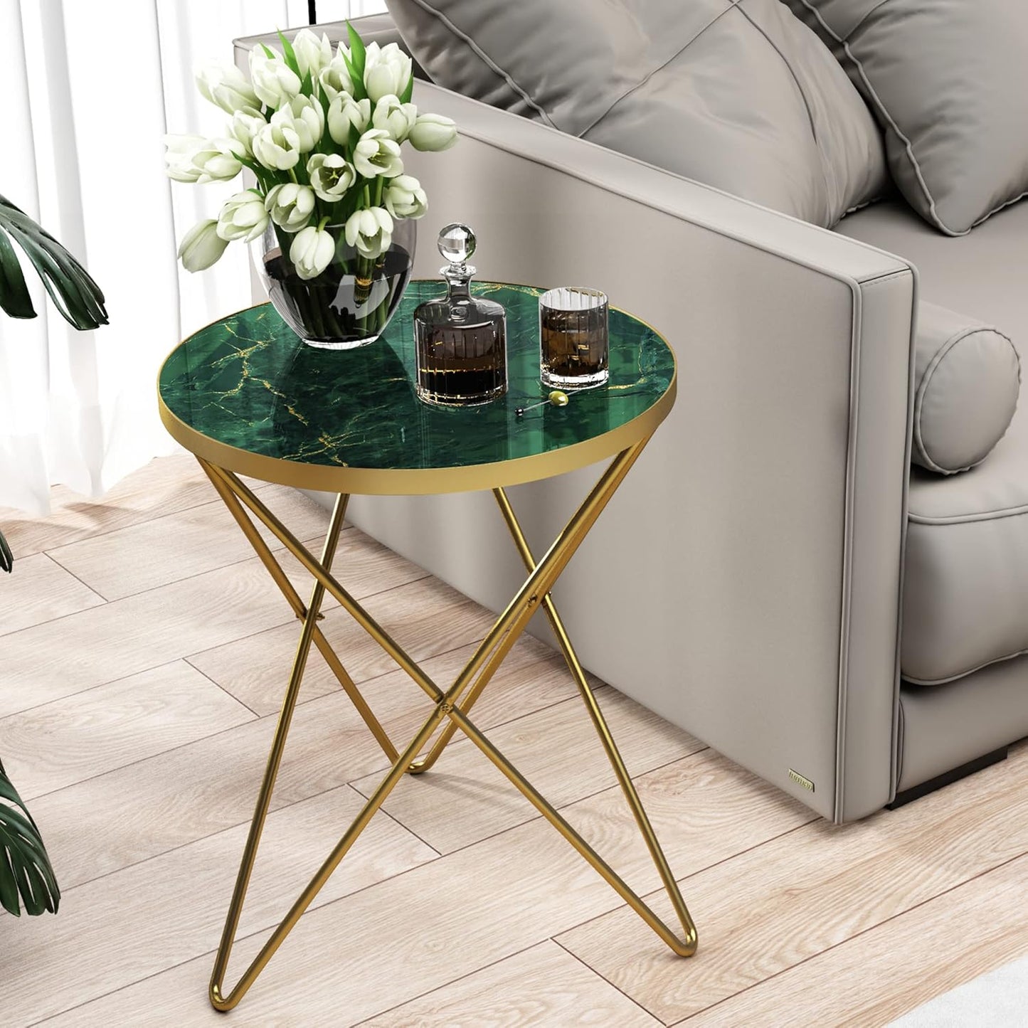 Modern round Side Table, End Table with Marble Effect Top and Gold Metal Frame, Small Side Table for Living Room, Bedroom, Sofa and Couch, Gold Legs, Green Marble Top