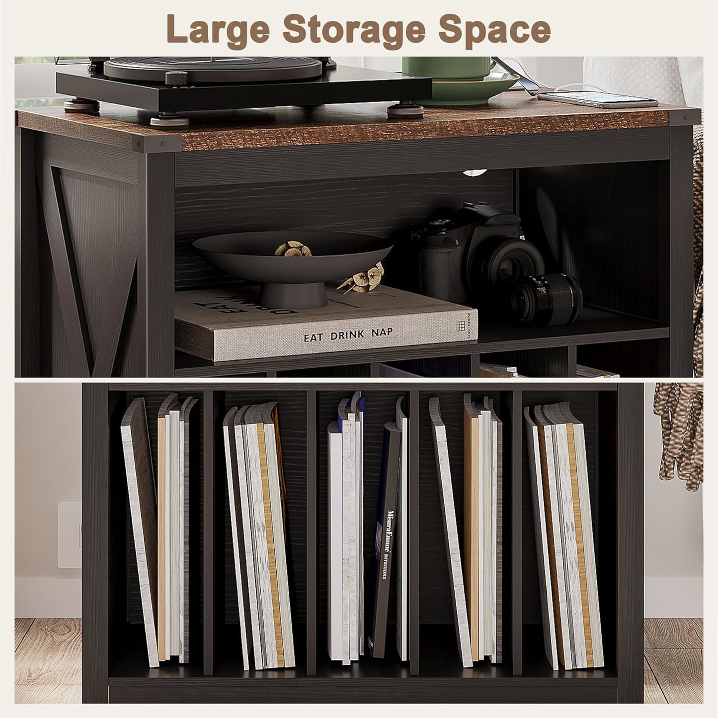 Large Record Player Stand with Charging Station & LED Light, Vinyl Record Holder Hold up to 300 Albums, Farmhouse End Table for Bedroom, Living Room, Black