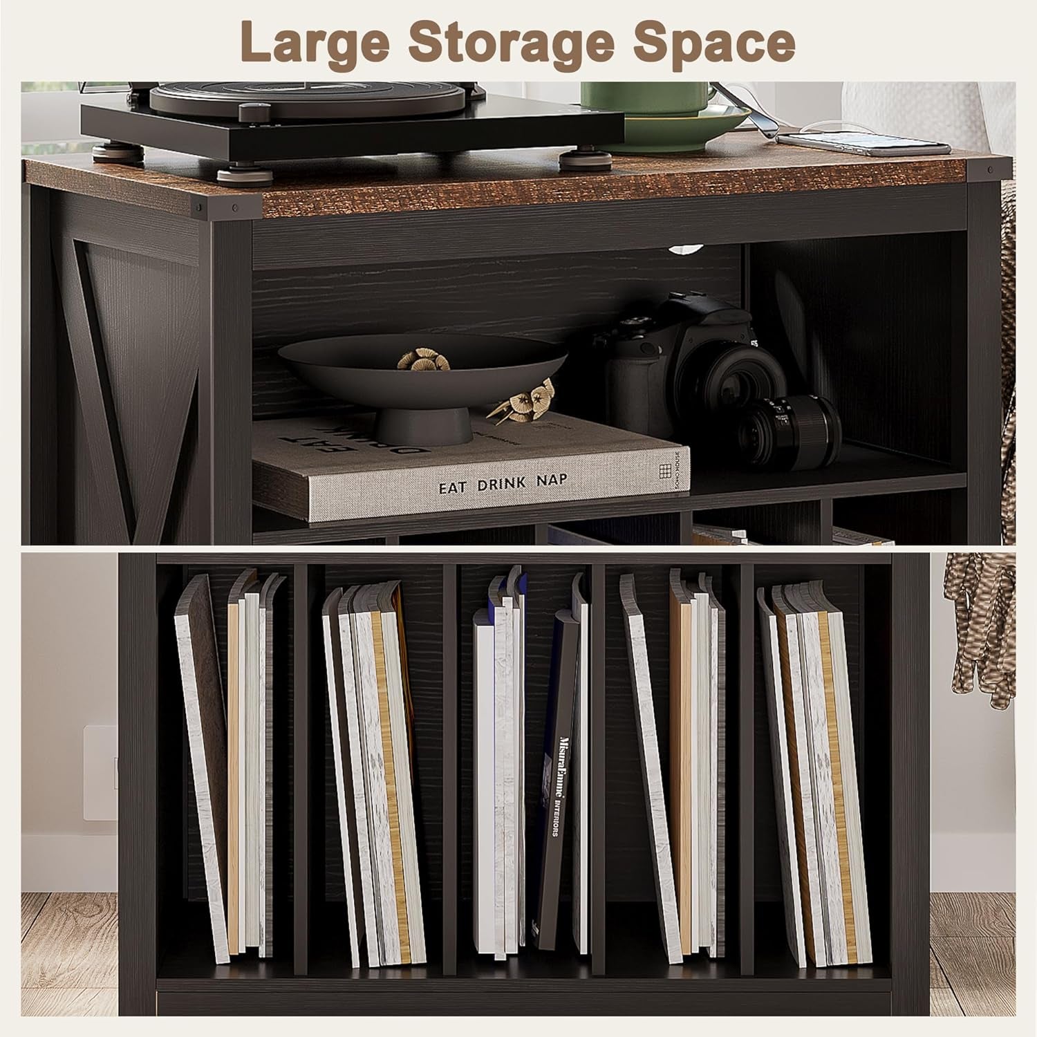 Large Record Player Stand with Charging Station & LED Light, Vinyl Record Holder Hold up to 300 Albums, Farmhouse End Table for Bedroom, Living Room, Black