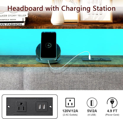 King Size Upholstered Headboard with 2 Outlets and LED Lights, King Bed Headboard with Charging Station & Storage Shelves, King Headboard Only, Height Adjustable, Easy Assembly, Brown