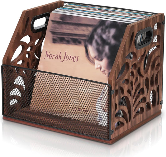 Vinyl Record Storage, Wooden Record Holder, Magazine Holder, Magazine Rack for Desktop and Home Office, Record Crate Storage for Albums, Book, Files, Holds up to 70+ Records