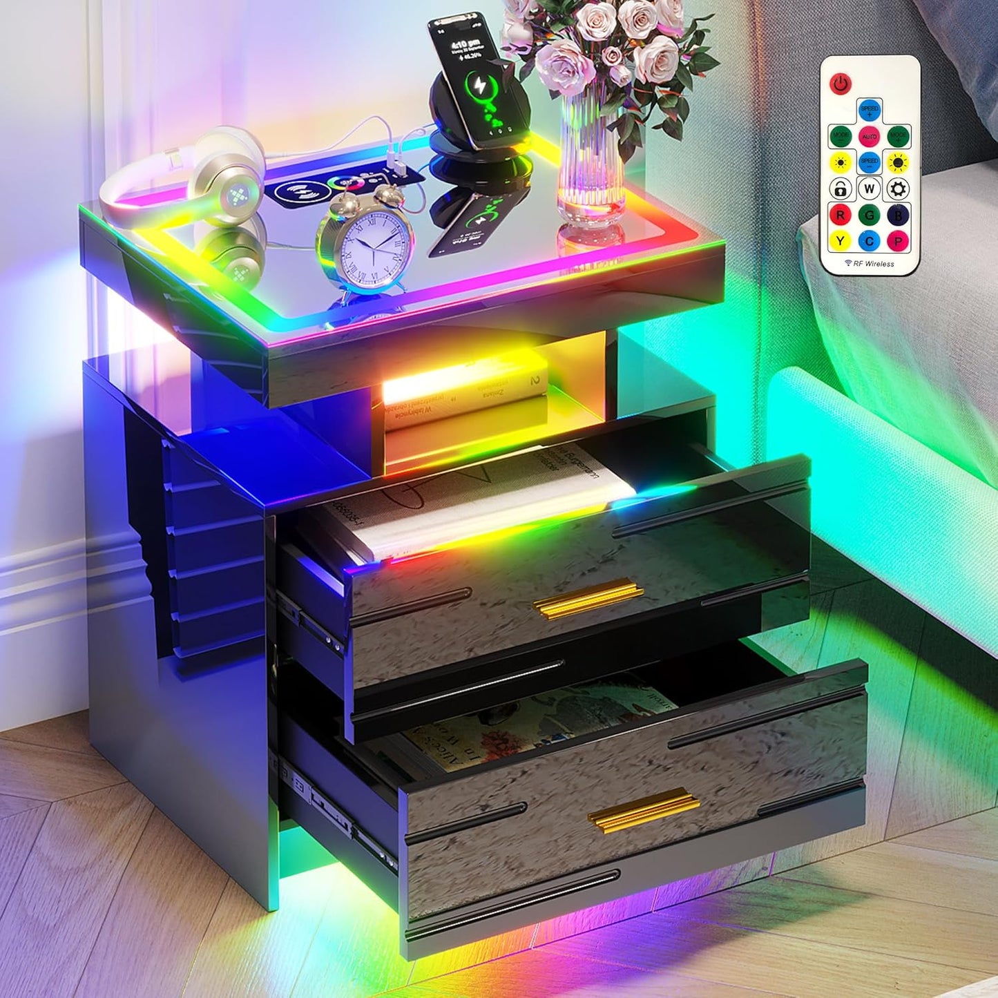 RGB Nightstand with Wireless Charging Station, LED Night Stand with Motion Sensor Lights, Smart Bedside Table with Changing Strip Lights with Remote,High Gloss Side Table/Glass Top (Black)