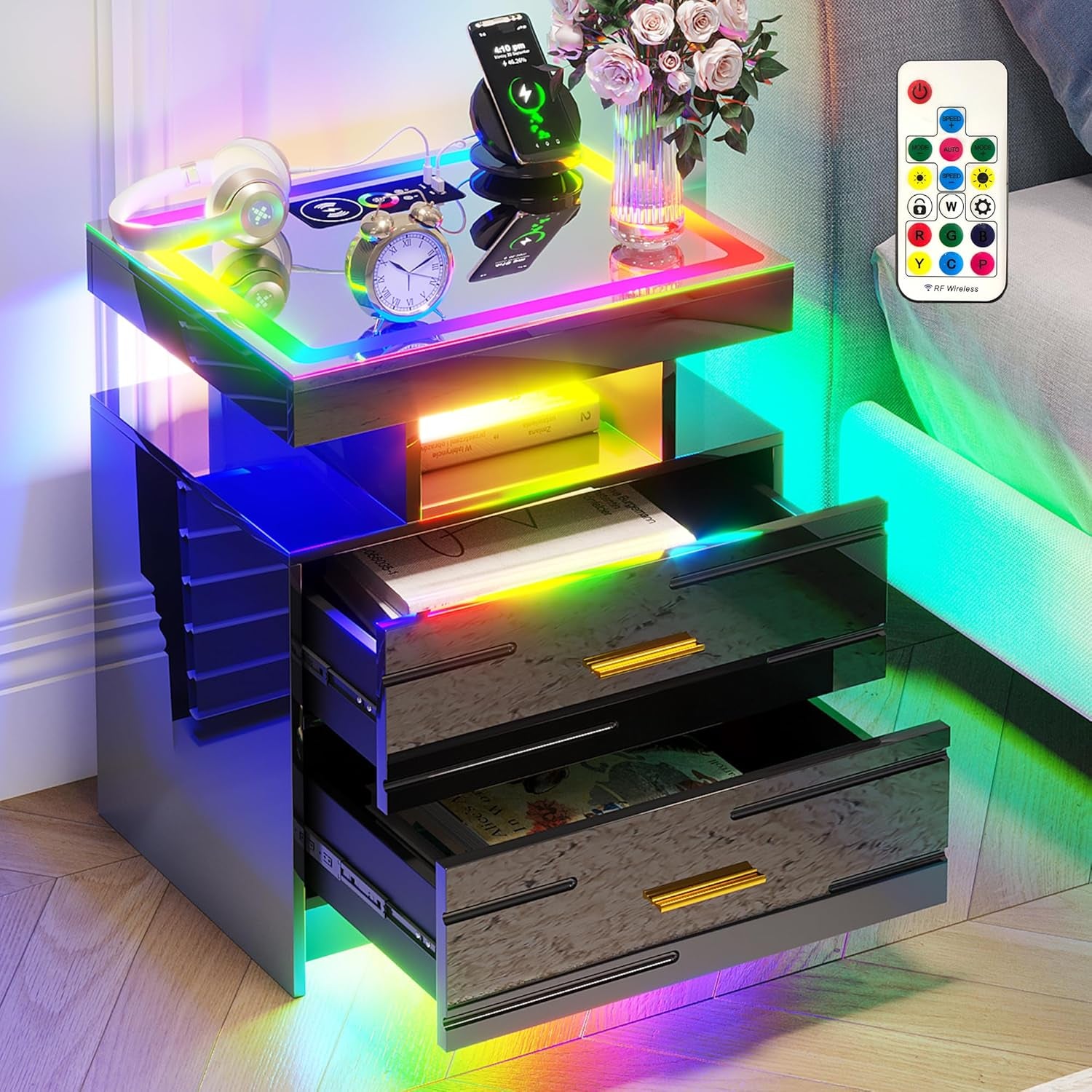 RGB Nightstand with Wireless Charging Station, LED Night Stand with Motion Sensor Lights, Smart Bedside Table with Changing Strip Lights with Remote,High Gloss Side Table/Glass Top (Black)