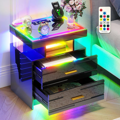 RGB Nightstand with Wireless Charging Station, LED Night Stand with Motion Sensor Lights, Smart Bedside Table with Changing Strip Lights with Remote,High Gloss Side Table/Glass Top (Black)