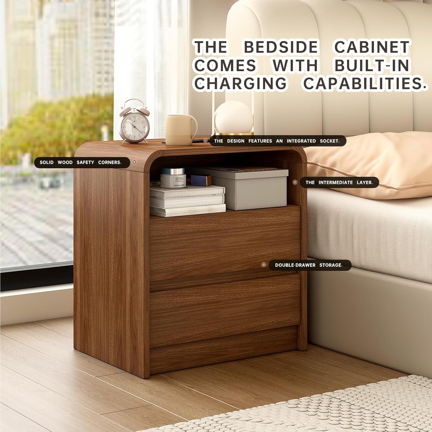 23.6" Walnut Nightstand Set of 2 with Charging Station, Anti-Collision Mid Century Modern Bedside Table with 500 LB Capacity, Soft Close Drawers Night Stand with Hidden Storage for Bedroom