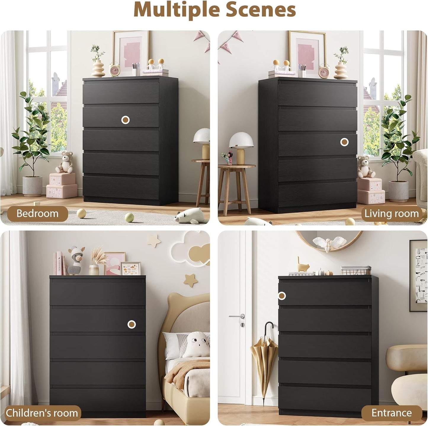 Black 5 Drawer Dresser for Bedroom, 15" D X 23.7" W X 40.4" H in Simply Chest of Drawers, Wood Storage Dresser with Drawers for Living Room Hallway Entryway, Black
