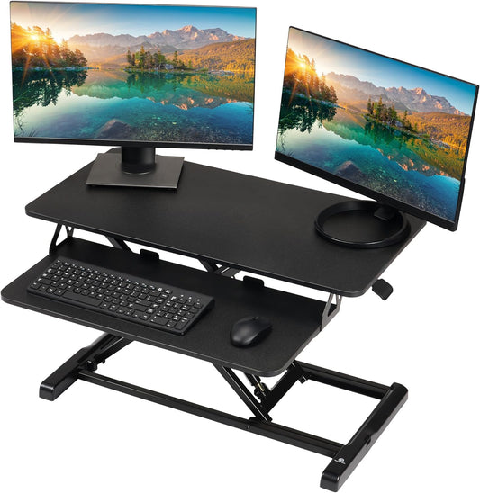 Standing Desk Converter - 32 Inch Adjustable Sit to Stand up Workstation, Particle Board, Dual Monitor Desktop Riser with Keyboard Tray, for Home Office Laptop, Black 32"