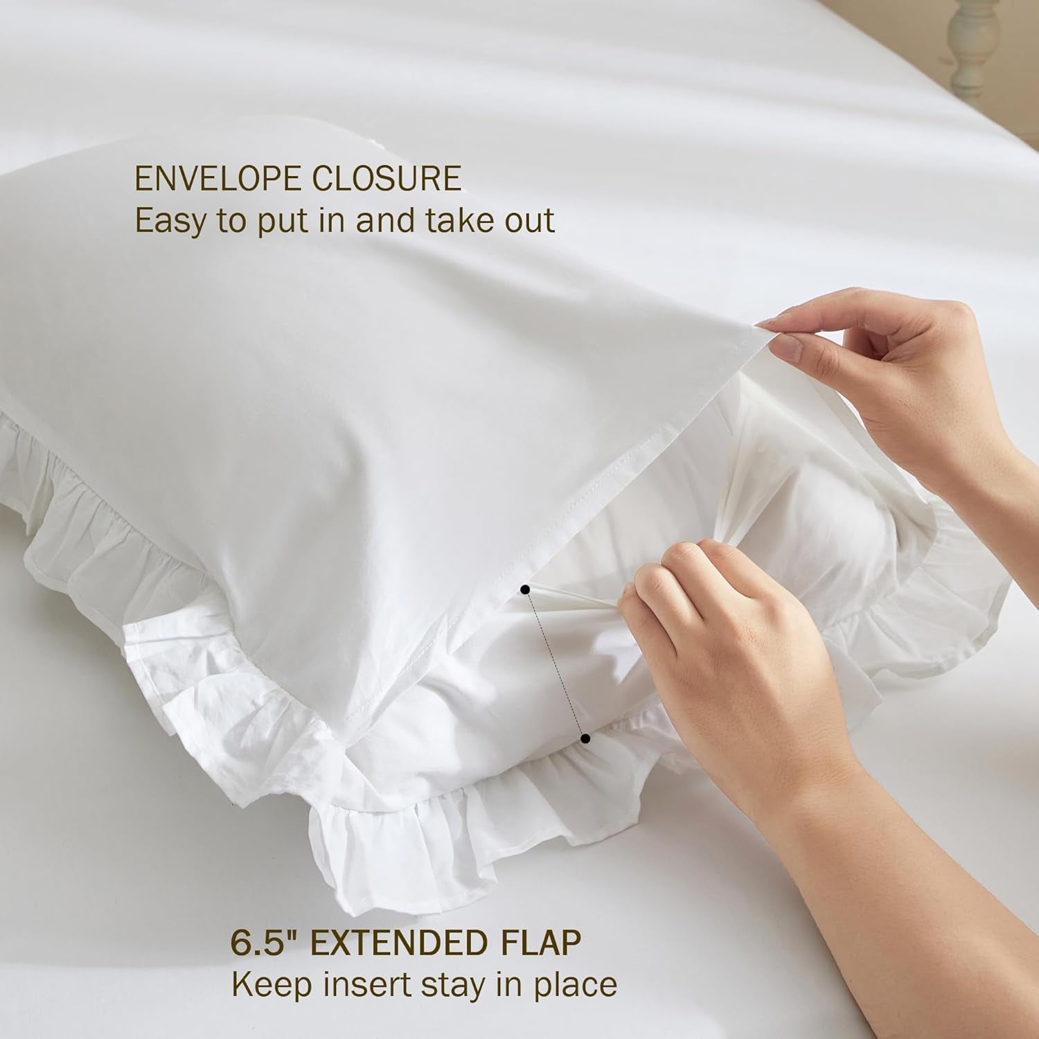 Ruffled Pillow Shams King Size Set of 2, 100% Cotton White Ruffle Pillow Cases with Pintucks, Farmhouse French Shabby Chic Pillowcases for Bedding, 20X36 Inch