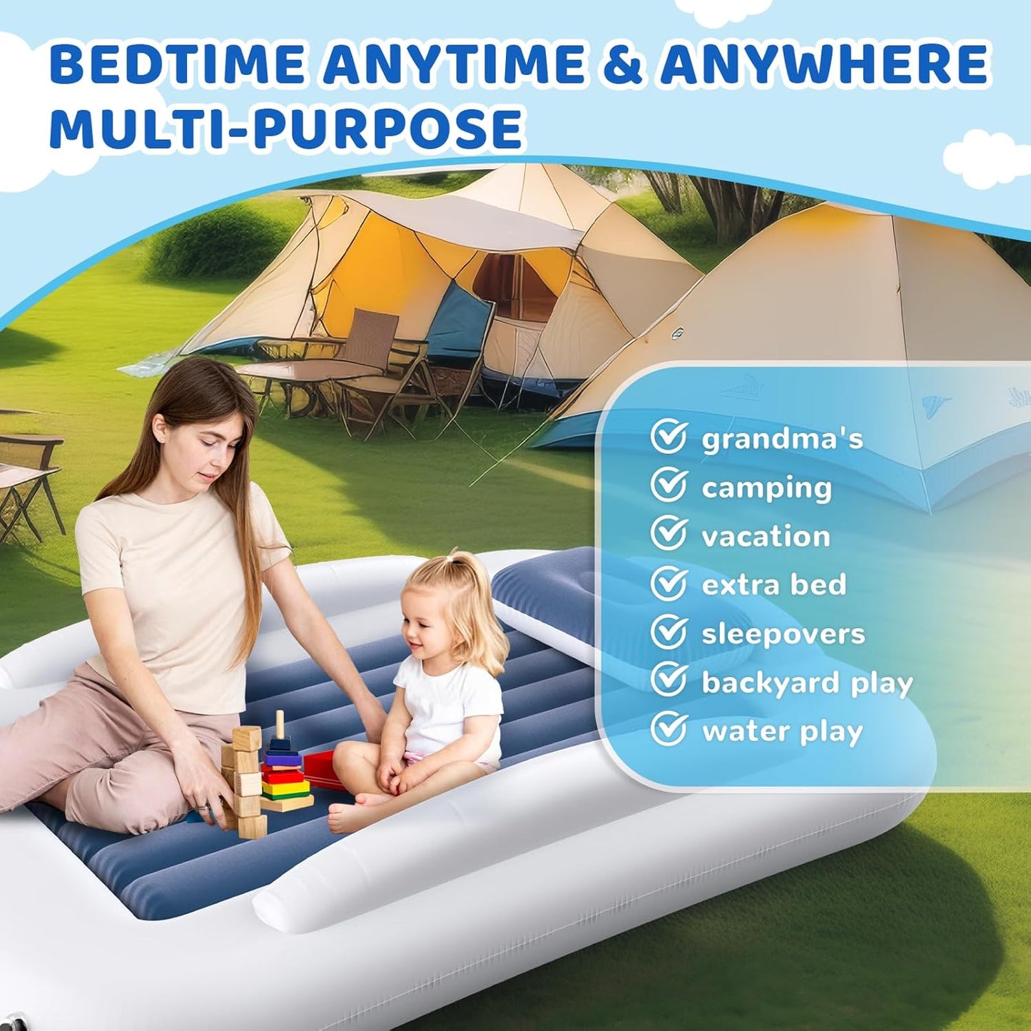 Inflatable Toddler Travel Bed - 60 Inches Portable Toddler Bed for Travel with Safety Sides - Cozy Kids Air Mattress Set with High-Speed Pump & Carry Case - Lightweight & Easy to Inflate -Blue