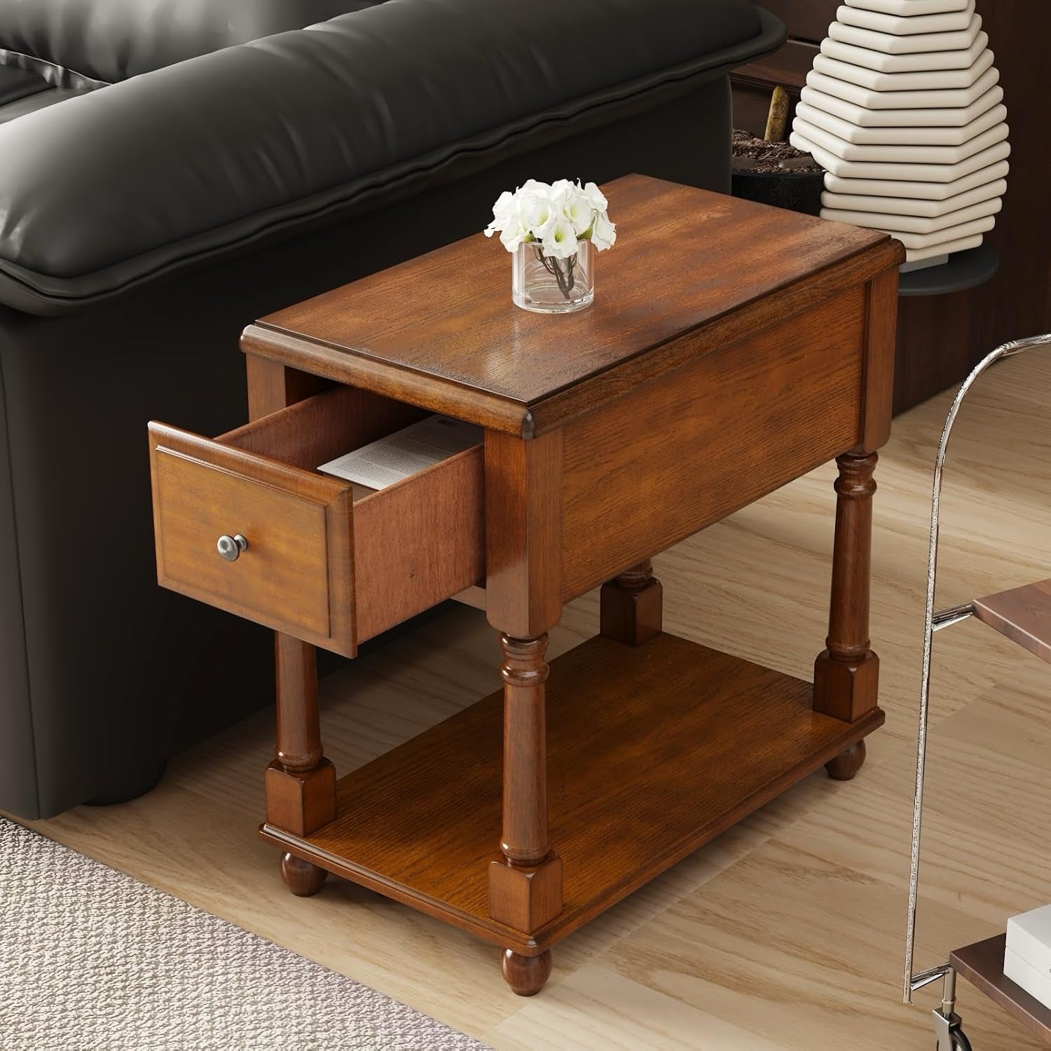 Narrow End Table with Drawer and Storage Shelf, Solid Wood Sofa Side Tables, Slim beside Table-, Telephone for Small Spaces, Living Room, 22"L X 13"W X 22.7"H No-Tools Assembly Caramel Brown BBJ004DR