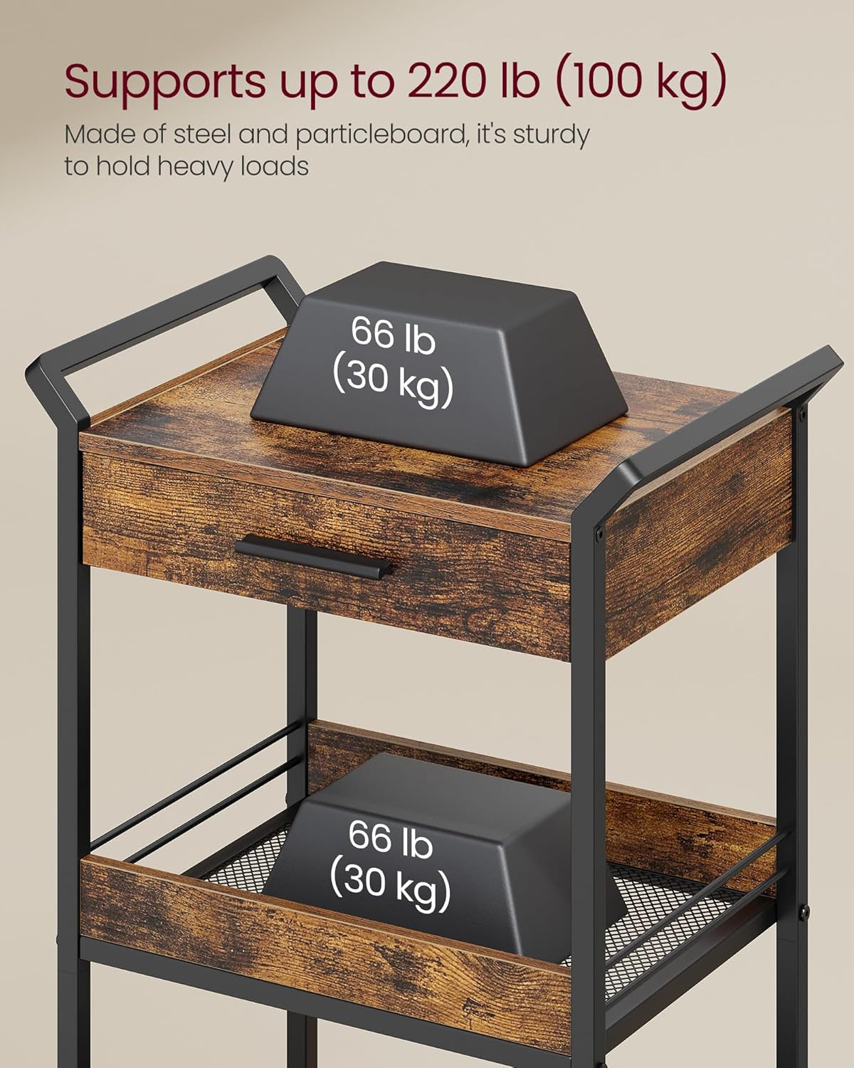Storage Cart, 3-Tier Rolling Utility Cart with Table Top, Handles, 4 Lockable Casters, Top Drawer, Mesh Shelves, for Kitchen, Bathroom, Bedroom, Rustic Brown and Ink Black ULRC048K01