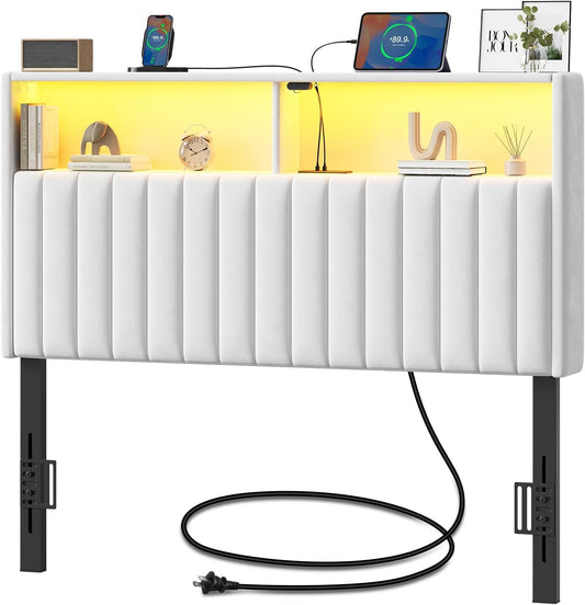 Headboard for Twin Size Bed with Storage, Velvet Upholstered Head Board with USB & Type C Port, 60,000 DIY Color of LED Light Height Adjustable, Sturdy, Easy Assembly, White