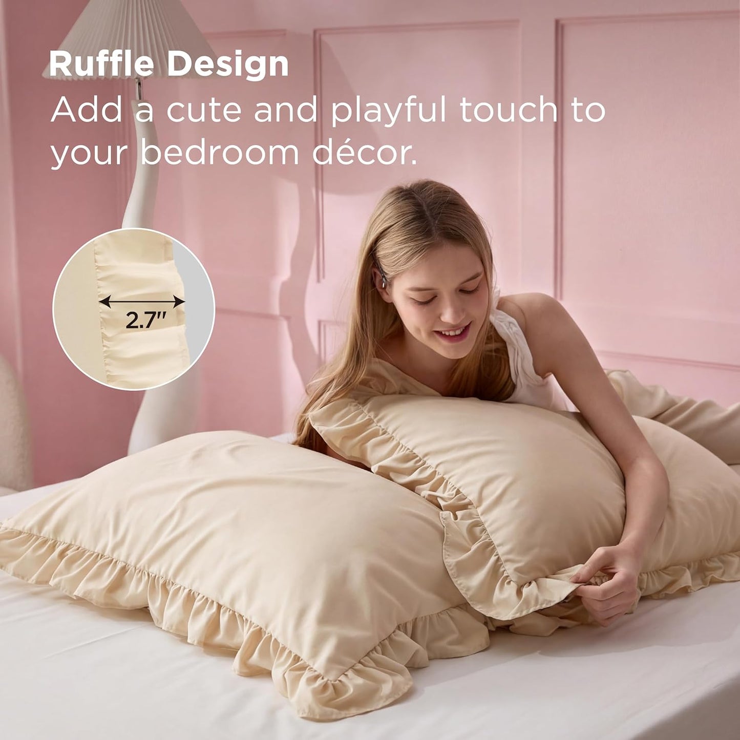 Bedsure Ruffle Pillow Cases, Pillow Shams King Size Set of 2, Double Brushed Microfiber, Decorative Ruffled Pillow Covers with Envelope Closure, Wrinkle Fade Resistant, 20" X 36", Beige