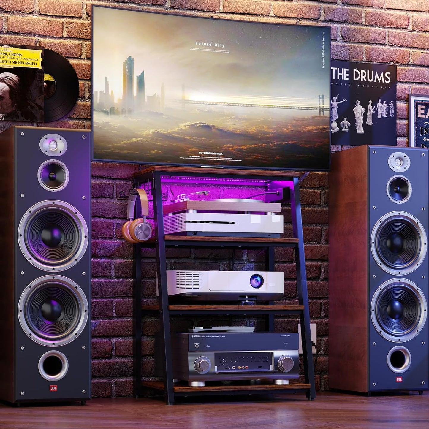 4-Tier AV Media Stand with Power Strips, Heavy Duty Stereo Cabinet Stand with LED Lights, Wooden Record Player Stand with 2 Hooks, Audio Stand Furniture Perfect for DVD Player/Game Console/Tv Box/Xbox