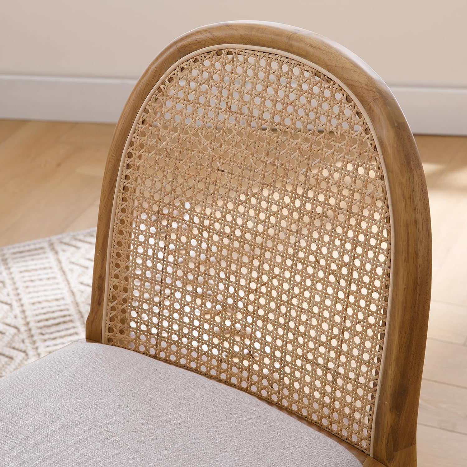 Mid-Century Modern Rattan Dining Chairs Set of 2, Wooden Dining Room Chair with Cane Backrest and Padded Seat, Linen Upholstered Dining Chair, Natural Finish, Beige