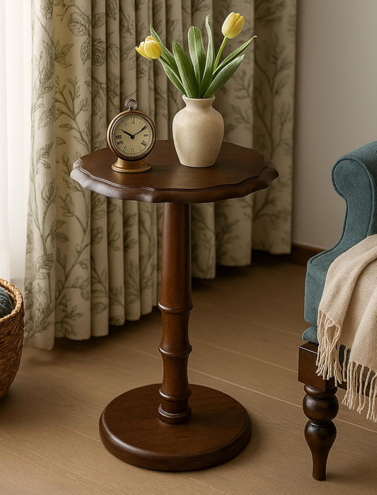 Vintage Solid Wood Accent Side Table, Pedestal End Table for Living Room, Small Bedside Table Nightstand for Bedroom, Coffee, Drink & Reading Table for Couch, Office, Corner, Walnut
