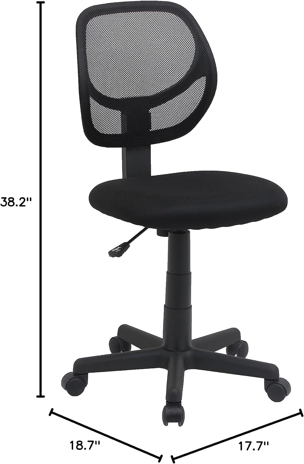 Rolling Desk Chair, Adjustable, Low Back, Padded Seat, Breathable Mesh, Swivel, Black, 21.25" D X 22.5" W X 38" H