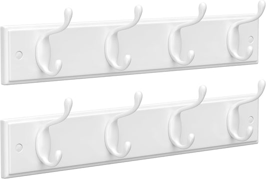 Set of 2 Wall-Mounted Coat Rack, Hook Rack, 8 Dual Metal Hooks, for Coats, Bags, Keys, in the Entryway, Bedroom, Living Room, White ULHR232W01