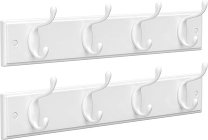 Set of 2 Wall-Mounted Coat Rack, Hook Rack, 8 Dual Metal Hooks, for Coats, Bags, Keys, in the Entryway, Bedroom, Living Room, White ULHR232W01