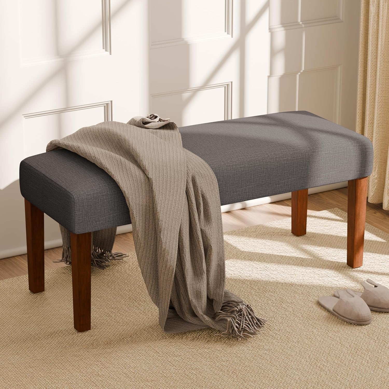 Bench for Bedroom End of Bed, 44 Inch Entryway Bench for Living Room, Dining Bench with Padded Seat and Solid Wood Leg for Kitchen, Indoor and Hallway (Brown)