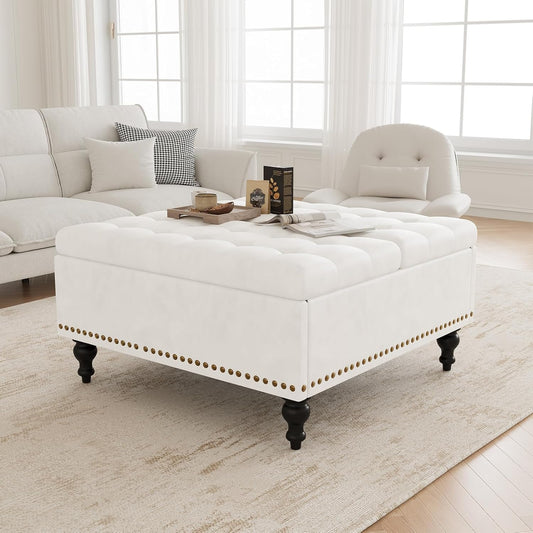Versatile Lift-Top Ottoman Coffee Table, Multi-Function Storage Bench and Foot Rest in Leather for Living Room or Bedroom, Easy-To-Assemble, White