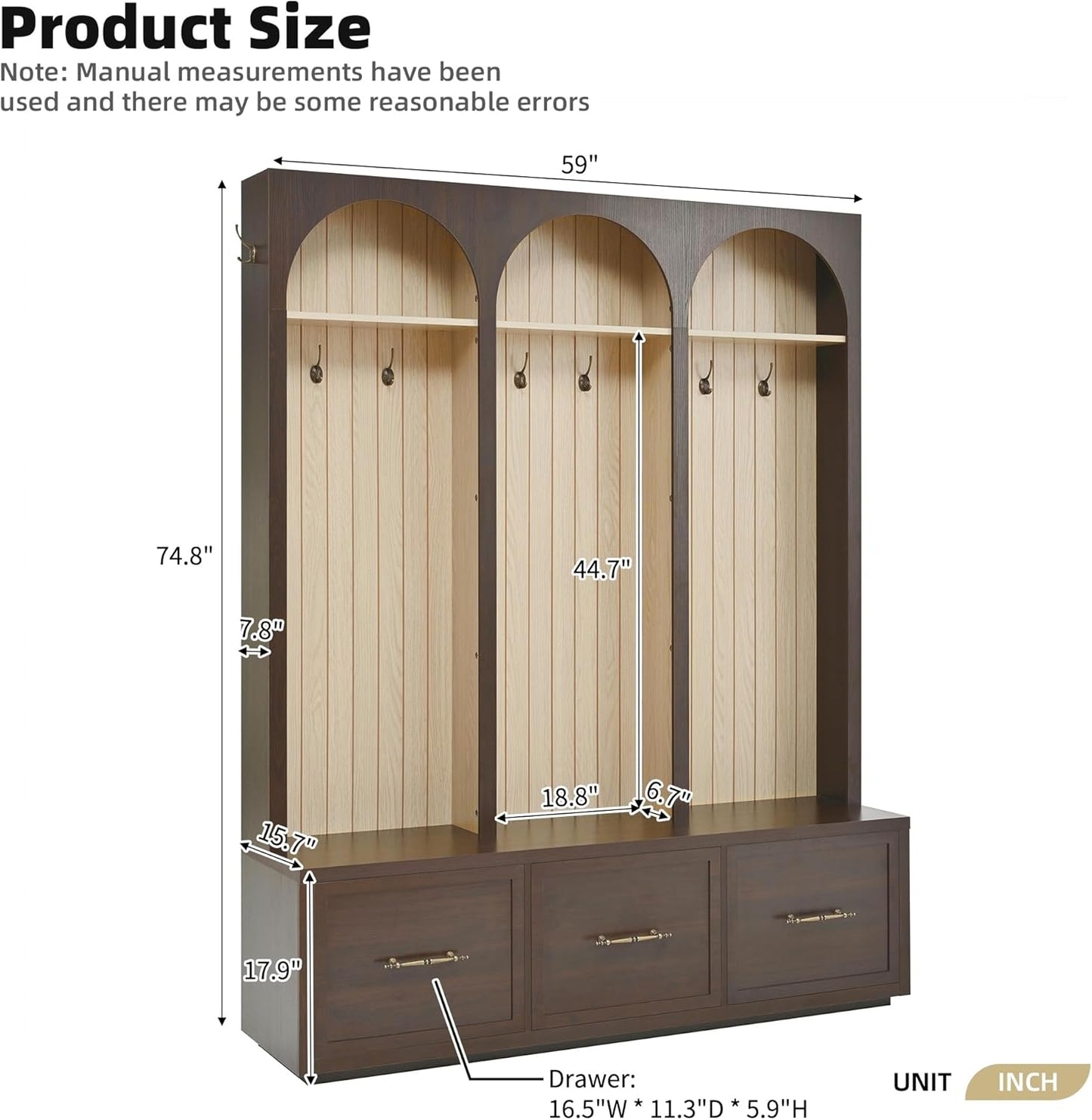 Hall Tree with Bench & 3 Large Storage Drawers, Arched Design Farmhouse Wooden Style 59" Wide Entryway Coat Rack with 8 Hooks for Mudroom, Living Room (Dark Walnut, 74.8" H)
